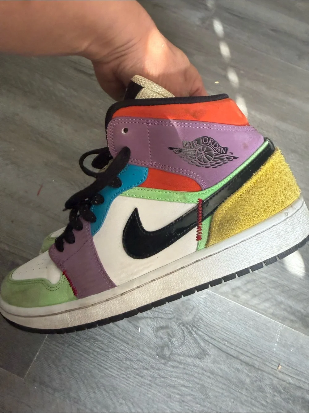 Jordan Kids High-Top Sneakers in Green, Purple, Cream & Black